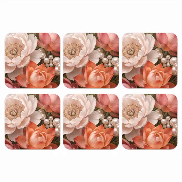 Bloemen - Parels - Elegant - Roze - Wit onderzetter kurk middel -3d