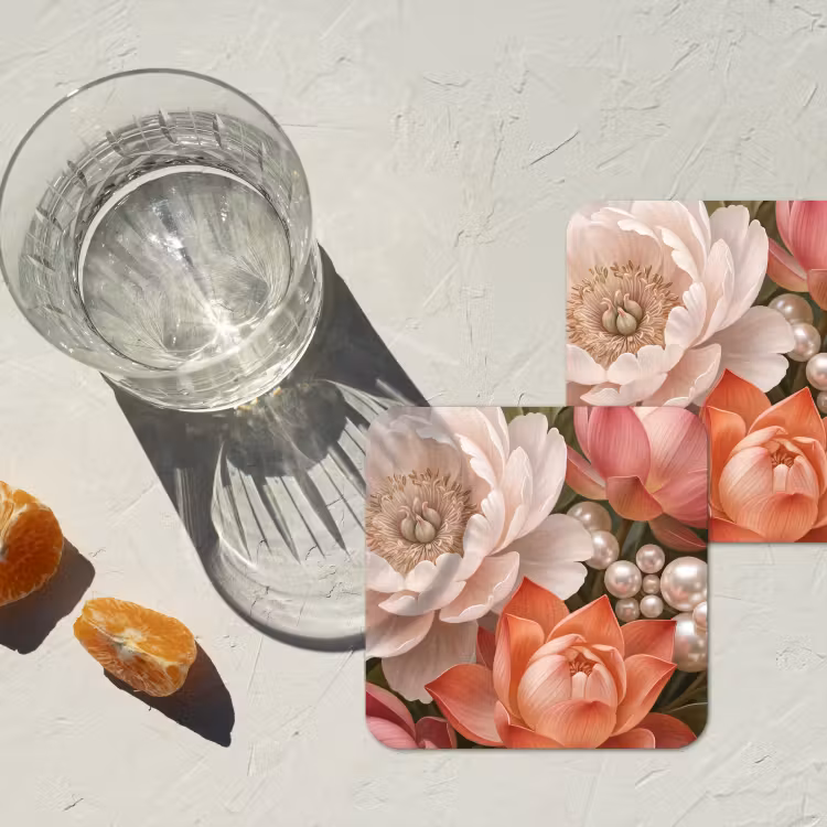 Bloemen - Parels - Elegant - Roze - Wit onderzetter kurk middel -sfeer4