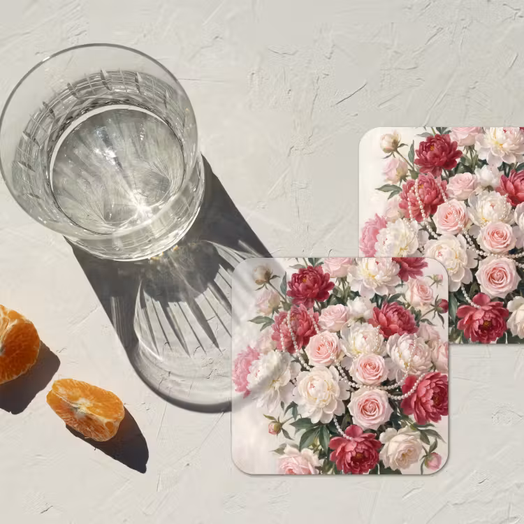 Bloemen - Parels - Romantiek - Klassiek - Roze onderzetter kurk middel -sfeer4