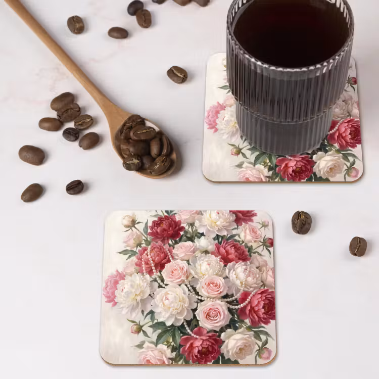 Bloemen - Parels - Romantiek - Klassiek - Roze onderzetter kurk middel -sfeer2