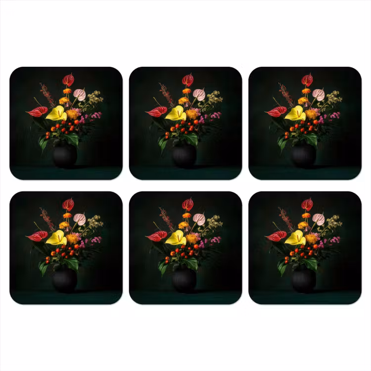 Bloemen - Vaas - Zwart onderzetter kurk middel -3d