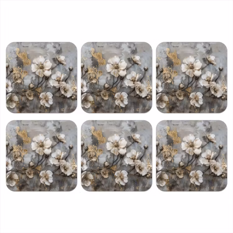 Bloemen - Wit - Grijs - Goud - Luxe onderzetter kurk middel -3d