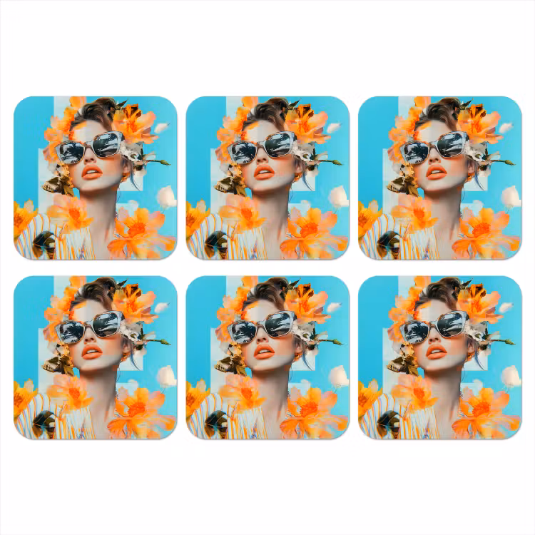 Bloemen - Vrouw - Zonnebril - Blauw onderzetter kurk middel -3d