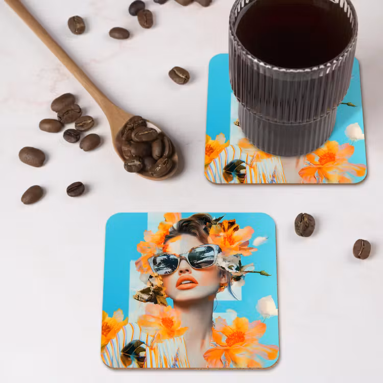 Bloemen - Vrouw - Zonnebril - Blauw onderzetter kurk middel -sfeer2