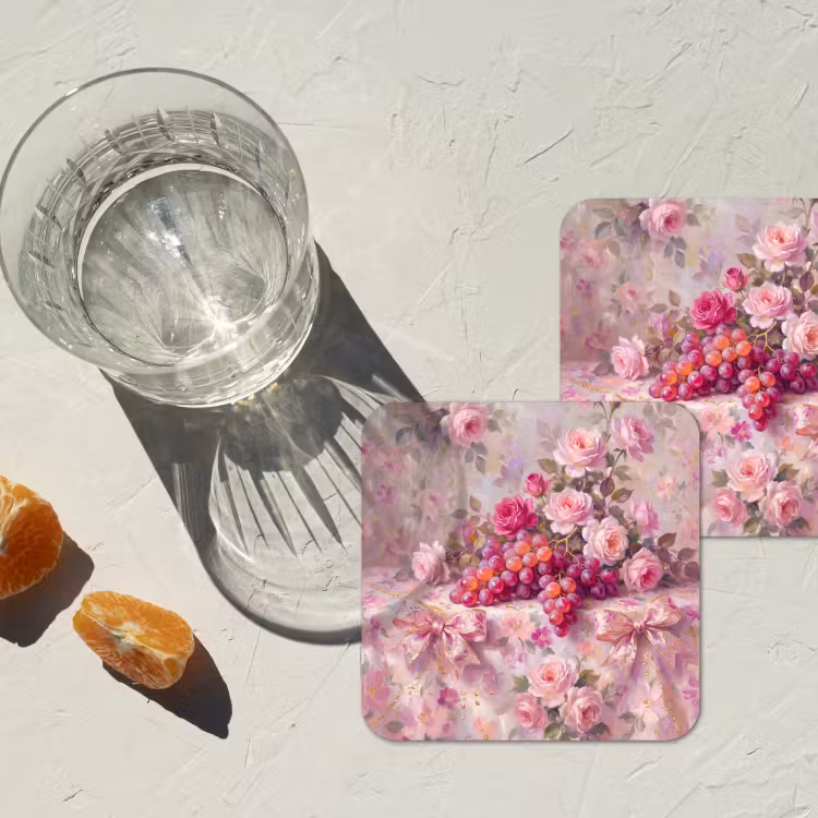 Eten - Bloemen - Stilleven - Roze - Goud onderzetter kurk middel -sfeer4