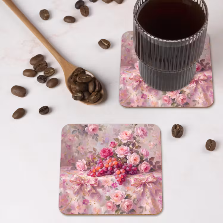 Eten - Bloemen - Stilleven - Roze - Goud onderzetter kurk middel -sfeer2