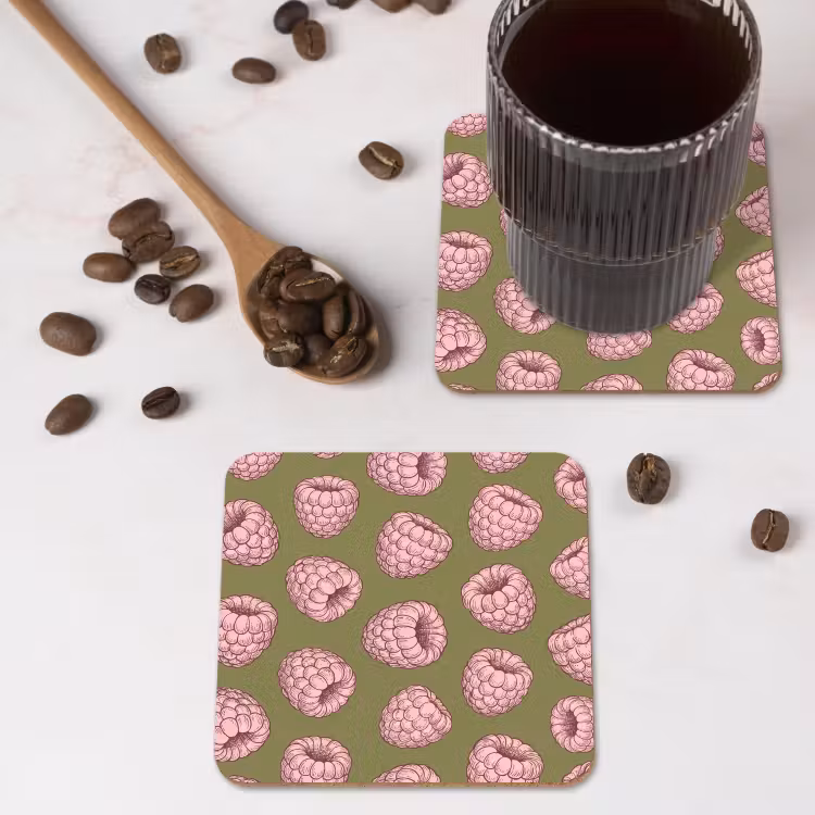Eten - Patroon - Illustratie - Roze - Groen onderzetter kurk middel -sfeer2