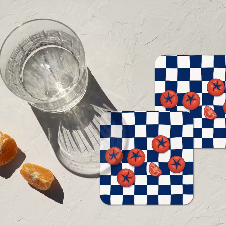 Eten - Tomaten - Keuken - Illustratie - Rood-Blauw onderzetter kurk middel -sfeer4