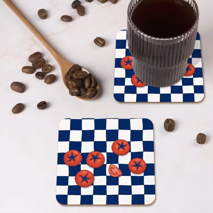Eten - Tomaten - Keuken - Illustratie - Rood-Blauw onderzetter kurk middel -sfeer2