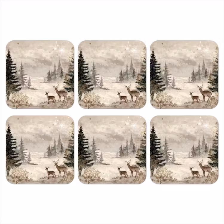 Bos - Herten - Winter - Sneeuw onderzetter kurk middel -3d