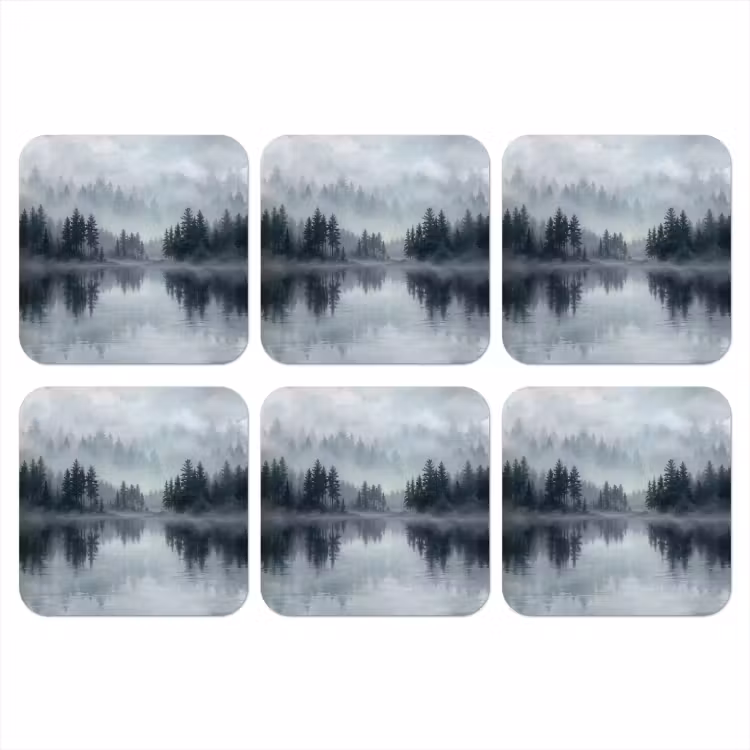 Bos - Meer - Mist - Natuur - Grijs onderzetter kurk middel -3d
