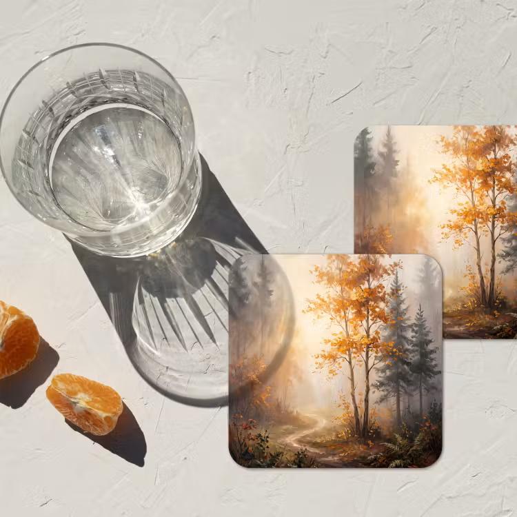Bospad - Herfstbladeren - Natuur - Schilderachtig - Oranje onderzetter kurk middel -sfeer4