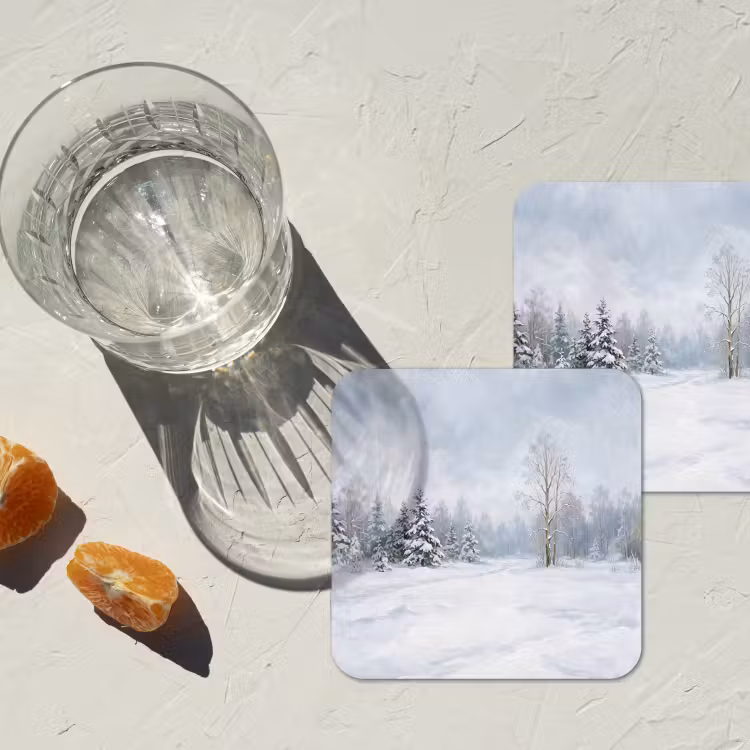 Bospad - Dennen - Sneeuw - Winter - Rustgevend onderzetter kurk middel -sfeer4