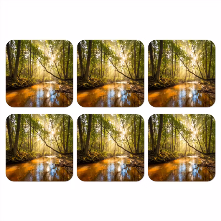 Bos - Beek - Zonlicht - Natuur - Groen onderzetter kurk middel -3d