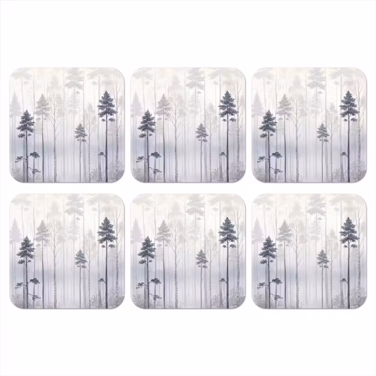 Bos - Bomen - Mist - Natuur - Illustratie - Grijs onderzetter kurk middel -3d