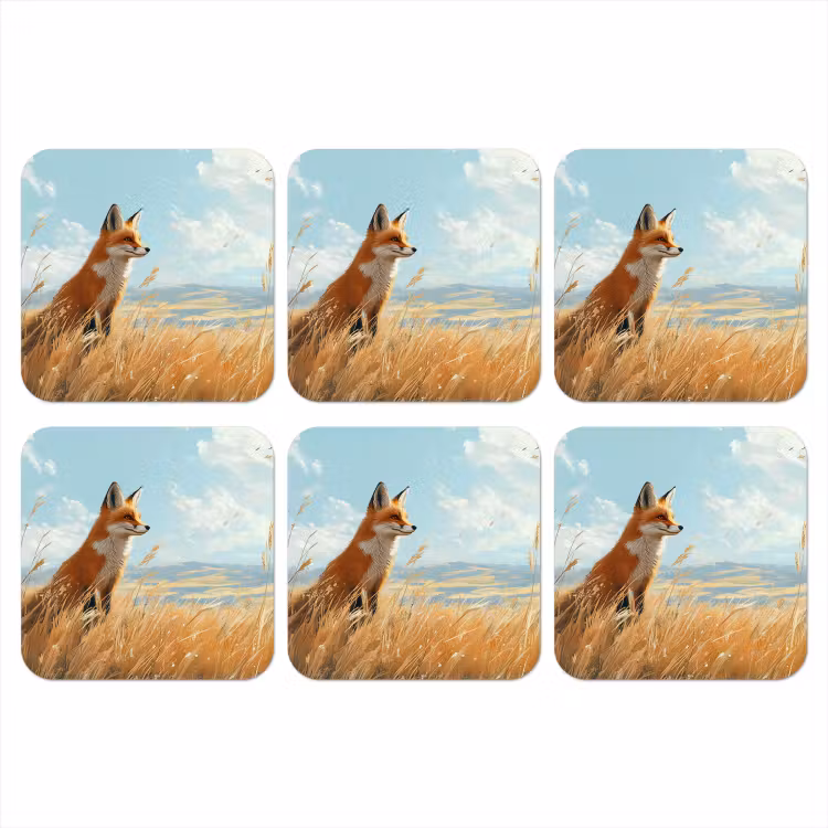Vos - Gras - Wolken - Oranje onderzetter kurk middel -3d