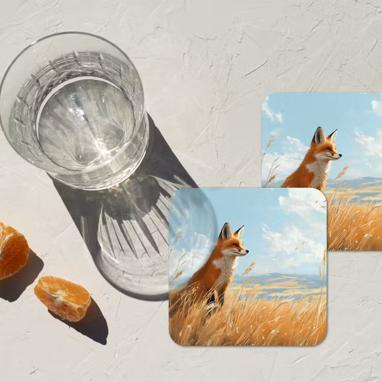 Vos - Gras - Wolken - Oranje onderzetter kurk middel -sfeer4