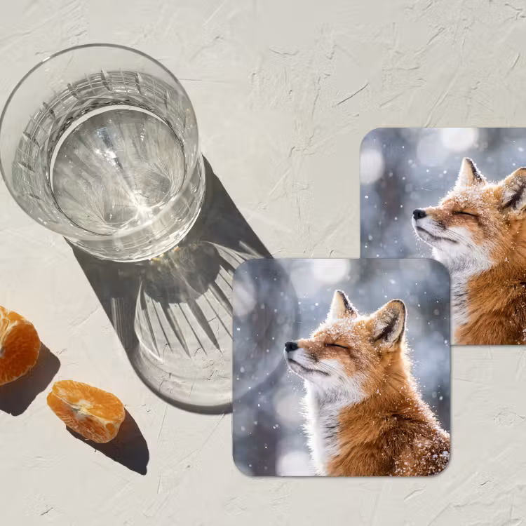 Vos - Sneeuwval - Portret - Winter - Sfeervol onderzetter kurk middel -sfeer4