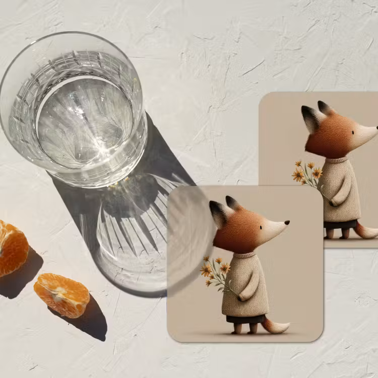 Vos - Gele bloemen - Minimalistisch onderzetter kurk middel -sfeer4