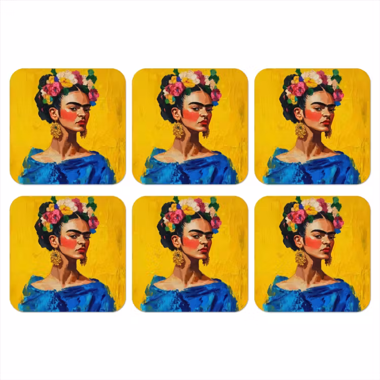 Frida Kahlo - Vrouw - Geel - Blauw - Bloemen onderzetter kurk middel -3d