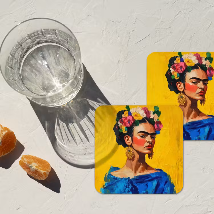 Frida Kahlo - Vrouw - Geel - Blauw - Bloemen onderzetter kurk middel -sfeer4