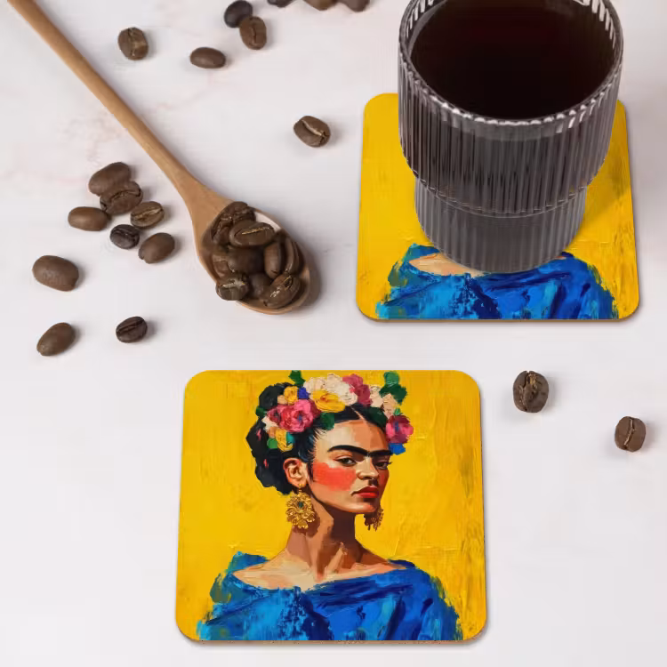 Frida Kahlo - Vrouw - Geel - Blauw - Bloemen onderzetter kurk middel -sfeer2