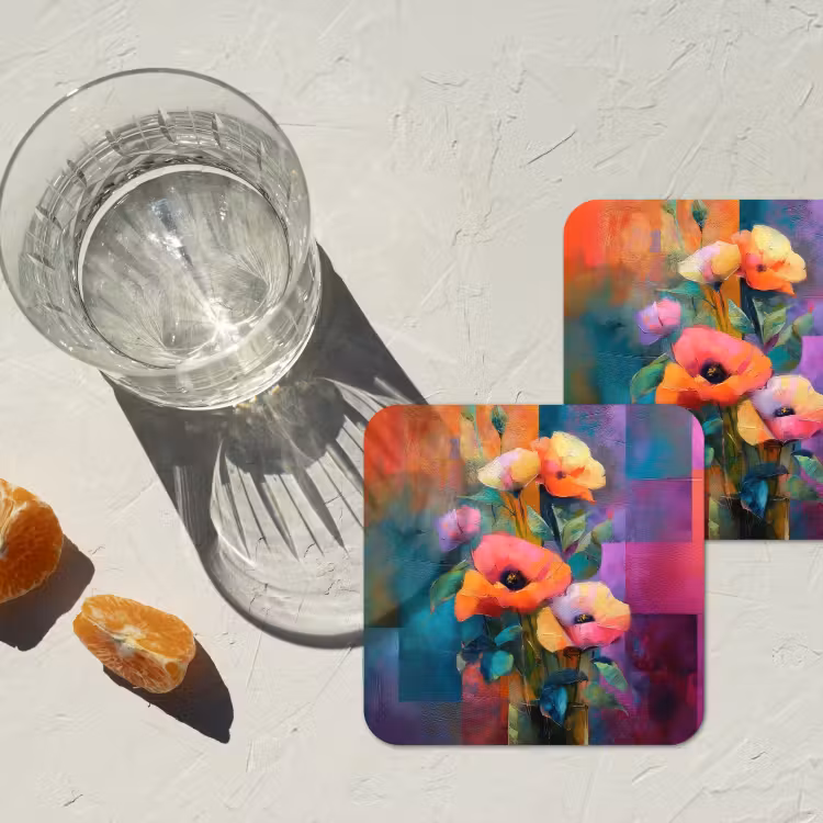 Geometrische kleurvlaken - Modern - Fantasiebloemen onderzetter kurk middel -sfeer4