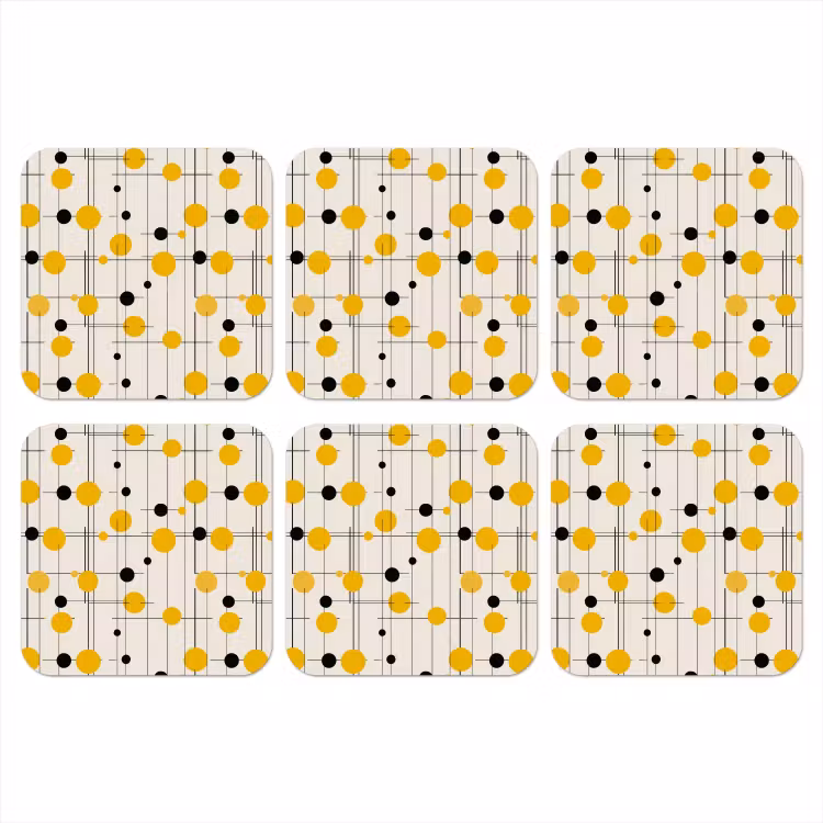Geometrisch - Retro - Lijnen - Okergeel - Zwart onderzetter kurk middel 366 -3d