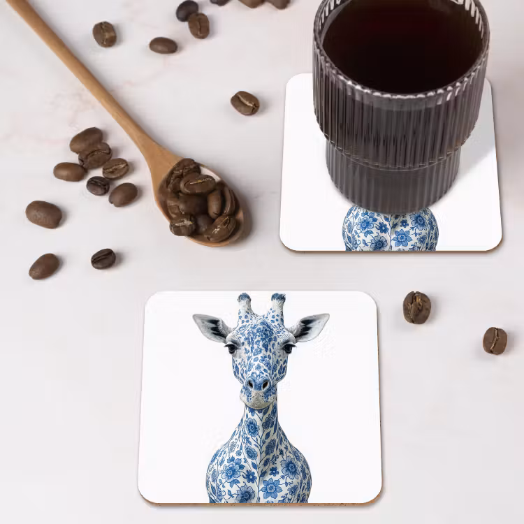 Giraffe - Delfts blauw - Dieren - Minimalistisch onderzetter kurk middel -sfeer2