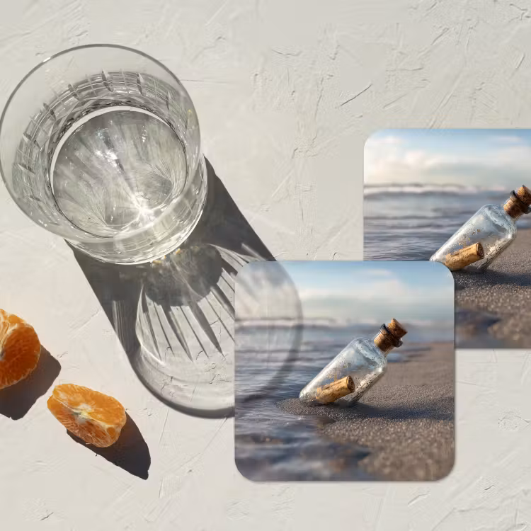 Glazenfles - Post - Zee - Zand onderzetter kurk middel -sfeer4