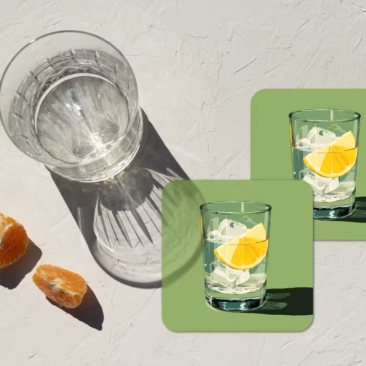Glas - Citroen - Ijsblokjes - Groen onderzetter kurk middel -sfeer4