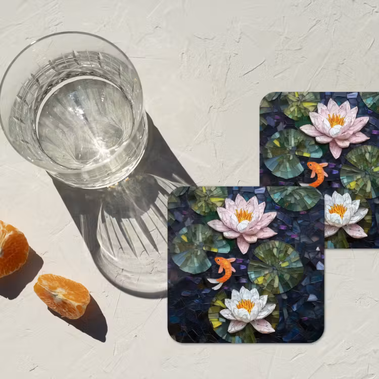 Glasstukjes - Leliebladeren - Vis - Oranje onderzetter kurk middel -sfeer4