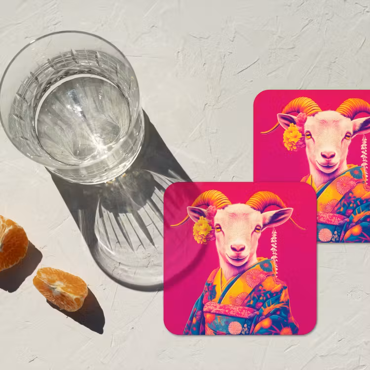 Geit - Hoorns - Kimono - Kleurrijk onderzetter kurk middel -sfeer4