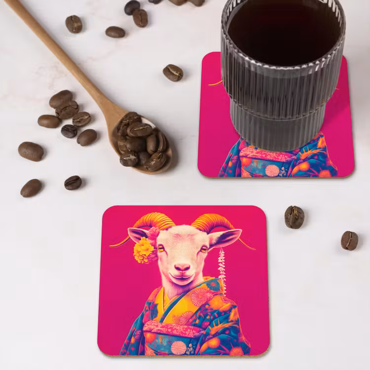 Geit - Hoorns - Kimono - Kleurrijk onderzetter kurk middel -sfeer2