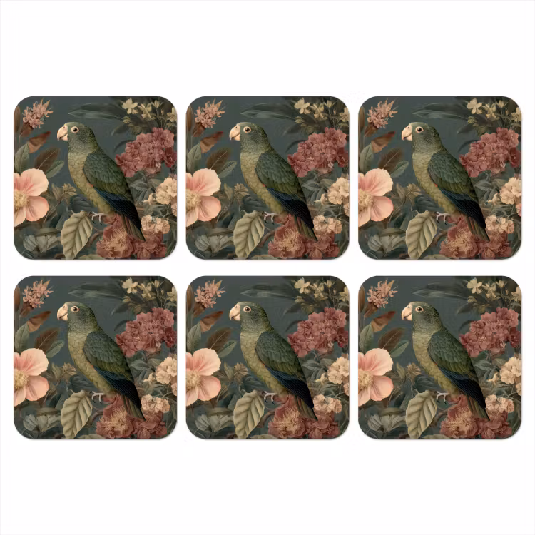 Groene papegaai - Kleurrijke bloemen - Donkere achtergrond onderzetter kurk middel -3d