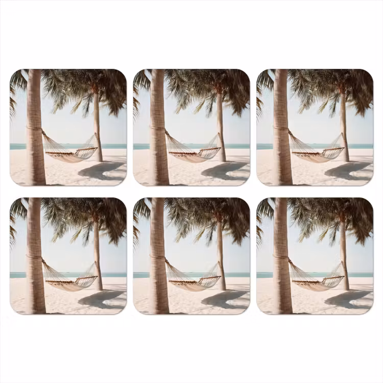 Hangmat - Palmbomen - Strand - Zee onderzetter kurk middel -3d