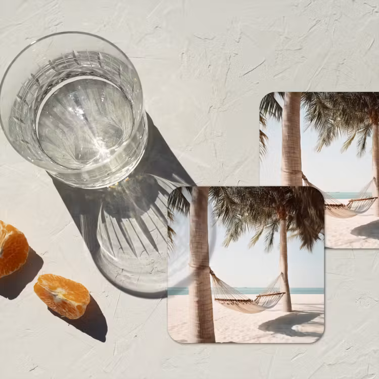 Hangmat - Palmbomen - Strand - Zee onderzetter kurk middel -sfeer4