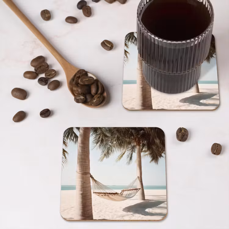 Hangmat - Palmbomen - Strand - Zee onderzetter kurk middel -sfeer2