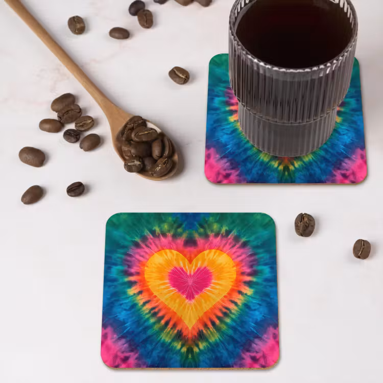 Hart - Tie Dye - Kleurrijk onderzetter kurk middel -sfeer2