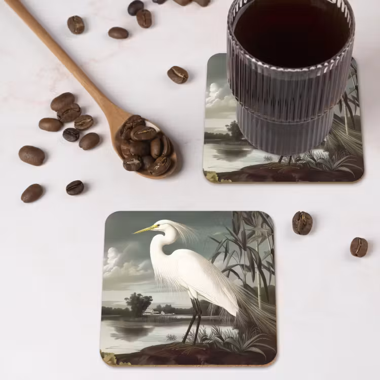 Reiger - Planten - Wolken - Wit onderzetter kurk middel -sfeer2