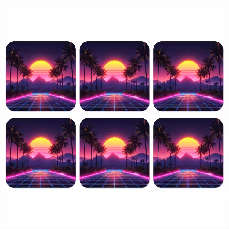 Horizon - Palmbomen - Bergen - Geel onderzetter kurk middel -3d