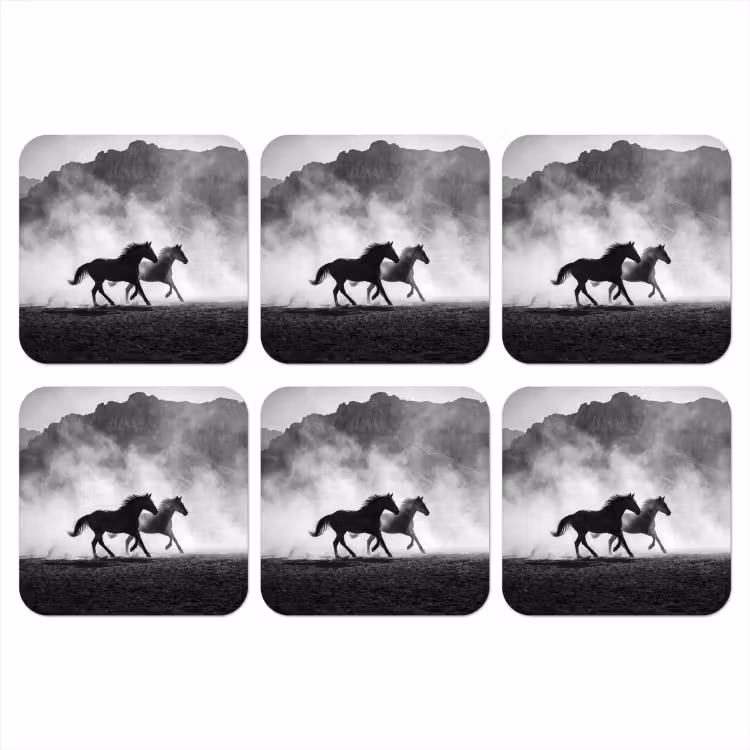Paard - Ren - Stof - Zwart-wit - Dieren onderzetter kurk middel -3d