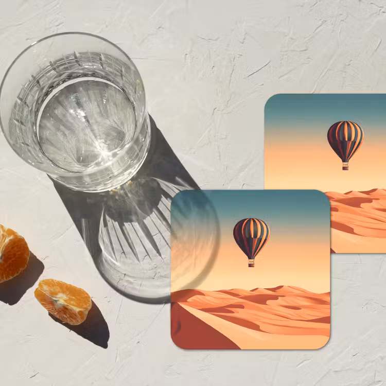 Luchtballon - Woestijn - Zonsondergang - Blauw onderzetter kurk middel -sfeer4