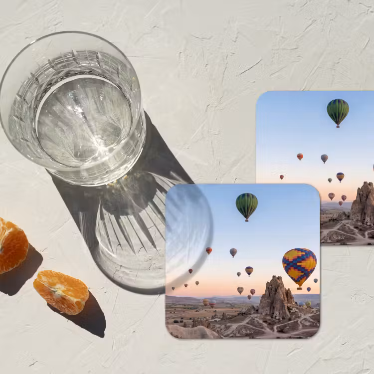 Luchtballonnen - Rotsen - Zonsopgang onderzetter kurk middel -sfeer4