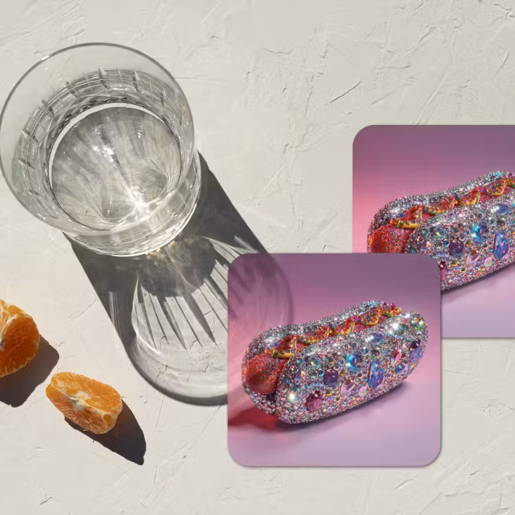 Hotdog - Steentjes - Glitters - Paars onderzetter kurk middel -sfeer4