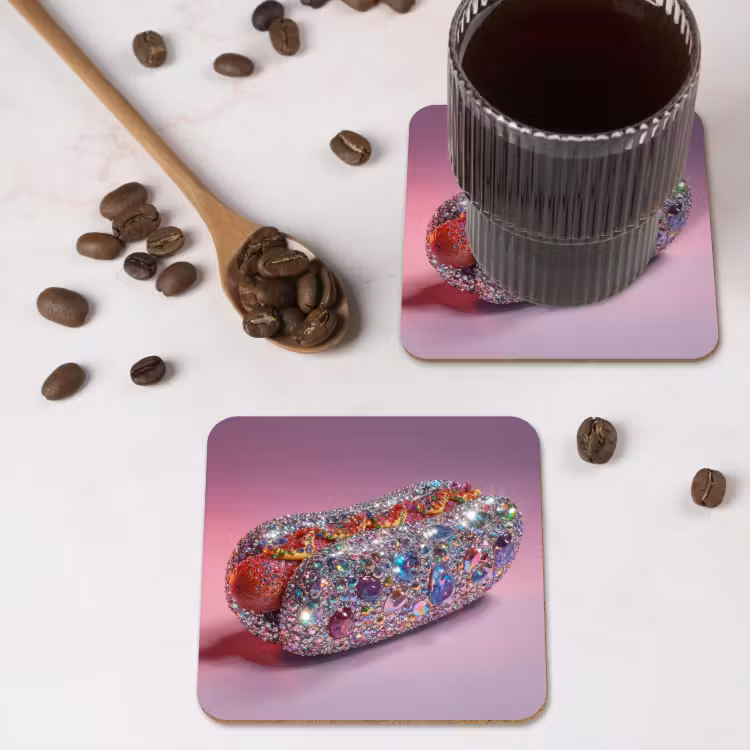 Hotdog - Steentjes - Glitters - Paars onderzetter kurk middel -sfeer2