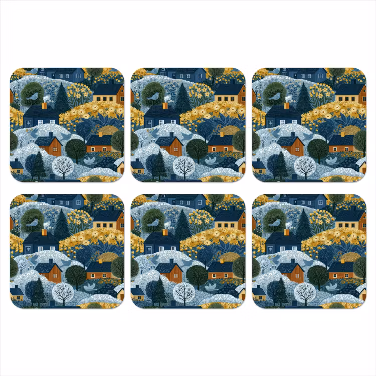 Huisjes - Bloemen - Patroon - Geel - Blauw onderzetter kurk middel 366 -3d