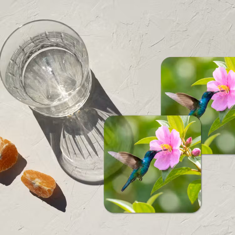Kolibrie - Bloem - Natuur - Groen onderzetter kurk middel -sfeer4