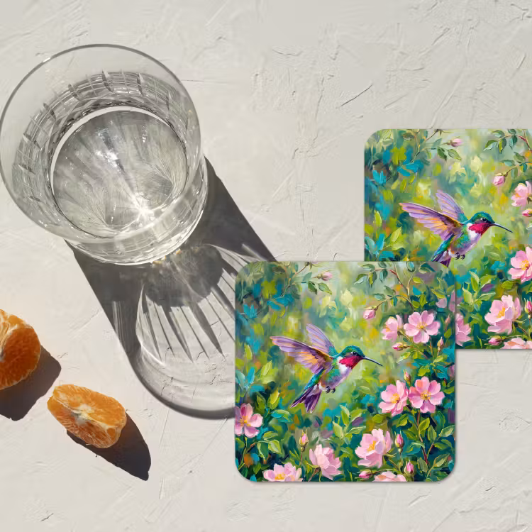 Kolibrie - Bloemen - Natuur - Kleurrijk onderzetter kurk middel -sfeer4
