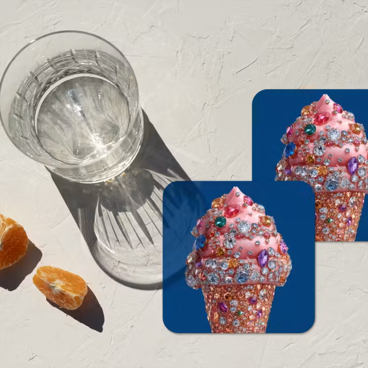 Ijsje - Hoorntje - Steentjes - Blauw onderzetter kurk middel -sfeer4